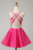 Fuchsia Uma Linha Esparguete Correias Backless Short Bonito Homecoming Dress