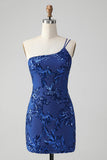 Sparkly Bodycon Royal Blue One Shoulder Sequins Homecoming Vestido com Bordado