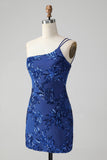 Sparkly Bodycon Royal Blue One Shoulder Sequins Homecoming Vestido com Bordado