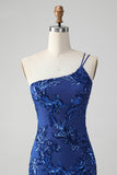 Sparkly Bodycon Royal Blue One Shoulder Sequins Homecoming Vestido com Bordado