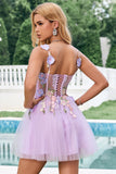 Elegante roxo uma linha Halter flores tule curto Homecoming vestido com renda para trás