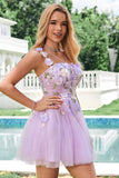 Elegante roxo uma linha Halter flores tule curto Homecoming vestido com renda para trás