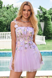 Elegante roxo uma linha Halter flores tule curto Homecoming vestido com renda para trás