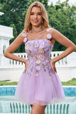 Elegante roxo uma linha Halter flores tule curto Homecoming vestido com renda para trás