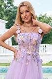 Elegante roxo uma linha Halter flores tule curto Homecoming vestido com renda para trás