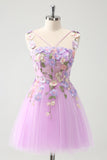 Roxo Uma Linha Halter Flores Tule Vestido Curto Homecoming