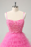 Glitter Rosa Uma Linha Esparguete Correias Tiered Flores Tule Bonito Homecoming Dress