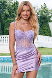 Exclusivo Sparkly Tight Corset Sequin Plissado Vestido de Retorno Roxo com Apliques