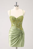 Sparkly Army Green Lace-Up Back Appliques Vestido Plissado Homecoming