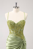 Sparkly Army Green Lace-Up Back Appliques Vestido Plissado Homecoming