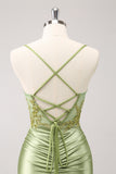 Sparkly Army Green Lace-Up Back Appliques Vestido Plissado Homecoming