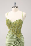 Sparkly Army Green Lace-Up Back Appliques Vestido Plissado Homecoming