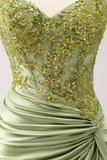 Sparkly Army Green Lace-Up Back Appliques Vestido Plissado Homecoming