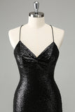 Elegante Glitter Preto Sequins Tight Halter Homecoming Dress com Lace Up Back