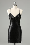 Elegante Glitter Preto Sequins Tight Halter Homecoming Dress com Lace Up Back