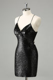 Elegante Glitter Preto Sequins Tight Halter Homecoming Dress com Lace Up Back