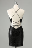 Elegante Glitter Preto Sequins Tight Halter Homecoming Dress com Lace Up Back