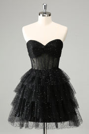 Sparkly A Line Black Sweetheart Tiered Corset Vestido bonito Homecoming