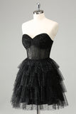 Sparkly A Line Black Sweetheart Tiered Corset Vestido bonito Homecoming