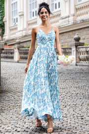 Flor Azul Branca Uma Linha Esparguete Correias Maxi Festa de Casamento Vestido Convidado