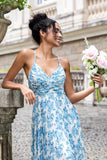 Flor Azul Branca Uma Linha Esparguete Correias Maxi Festa de Casamento Vestido Convidado