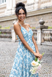 Flor Azul Branca Uma Linha Esparguete Correias Maxi Festa de Casamento Vestido Convidado