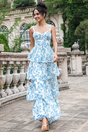 Branco Azul Uma Linha Corset Tiered Floral Long Wedding Party Guest Dress