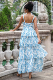 Branco Azul Uma Linha Corset Tiered Floral Long Wedding Party Guest Dress