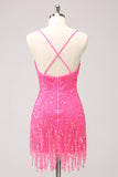 Sparkly Hot Pink Sequins V Pescoço Apertado Homecoming Dress com franjas