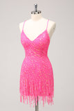 Sparkly Hot Pink Tight Sequins V Neck Homecoming Vestido com franjas