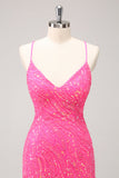 Sparkly Hot Pink Tight Sequins V Neck Homecoming Vestido com franjas