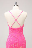 Sparkly Hot Pink Tight Sequins V Neck Homecoming Vestido com franjas