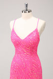 Sparkly Hot Pink Tight Sequins V Neck Homecoming Vestido com franjas