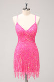 Sparkly Hot Pink Tight Sequins V Neck Homecoming Vestido com franjas