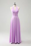 Roxo A Line Halter Chiffon Long Backless Vestido de Dama de Honra