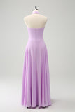 Roxo A Line Halter Chiffon Long Backless Vestido de Dama de Honra