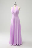 Roxo A Line Halter Chiffon Long Backless Vestido de Dama de Honra