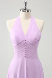 Roxo A Line Halter Chiffon Long Backless Vestido de Dama de Honra