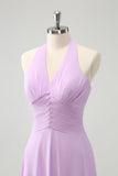 Roxo A Line Halter Chiffon Long Backless Vestido de Dama de Honra