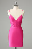 Fuchsia Bodycon Esparguete Correias Cetim Homecoming Dress