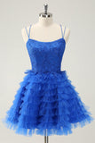 Elegante Azul Uma Linha Esparguete Correias Tule Homecoming Dress com Folhos