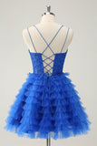 Elegante Azul Uma Linha Esparguete Correias Tule Homecoming Dress com Folhos