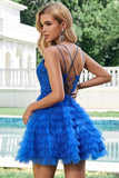 Elegante Azul Uma Linha Esparguete Correias Tule Homecoming Dress com Folhos