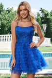 Elegante Azul Uma Linha Esparguete Correias Tule Homecoming Dress com Folhos