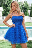 Elegante Azul Uma Linha Esparguete Correias Tule Homecoming Dress com Folhos