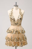 Sparkly Gold A Line Halter Tiered Backless Short Homecoming Dress com Sequins