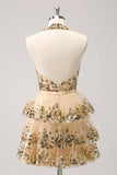 Sparkly Gold A Line Halter Tiered Backless Short Homecoming Dress com Sequins