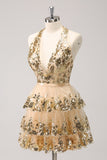 Sparkly Gold A-Line Halter Tiered Sequined Backless Vestido Curto Homecoming