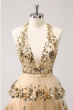 Sparkly Gold A-Line Halter Tiered Sequined Backless Vestido Curto Homecoming