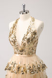 Sparkly Gold A-Line Halter Tiered Sequined Backless Vestido Curto Homecoming